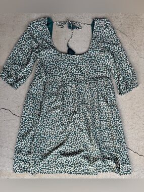 American Eagle Green Ditsy Floral Babydoll Dress M Tassel Tie Back Boho